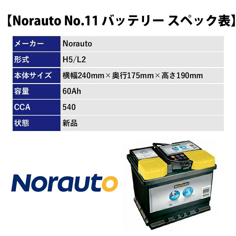 Norauto バッテリー No.11 60Ah 540CCA 本体サイズ：長さ240mm×幅175mm