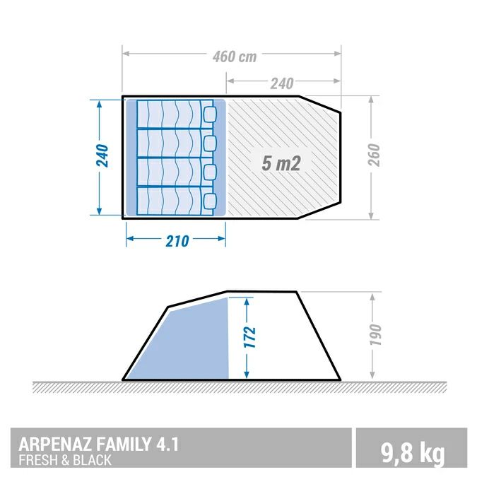 QUECHUA (ケシュア) キャンプ ファミリーテント ポール式 ARPENAZ FAMILY 4.1 FRESH&BLACK - 4人用 1ルーム  デカトロン DECATHLON アウトドア 防水 耐風 広い | Norauto JAPAN ONLINE SHOP